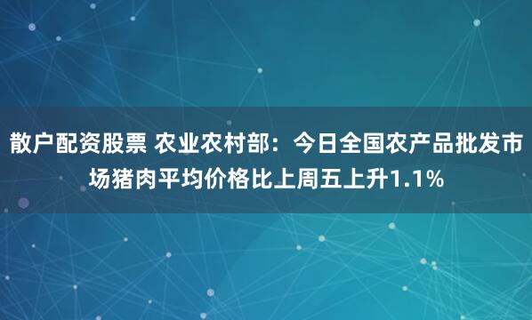 散户配资股票 农业农村部：今日全国农产品批发市场猪肉平均价格比上周五上升1.1%